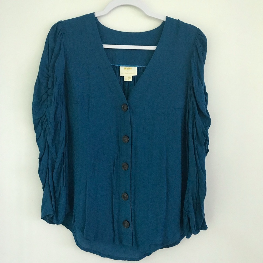 Maeve Anthropologie Teal V-Neck Button Front Ruched Sleeves Womens Blouse 10